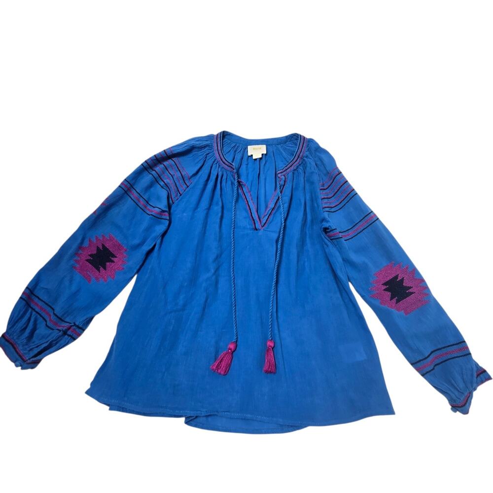 Maeve Cobalt Blue Peasant Blouse with Magenta Embroidery